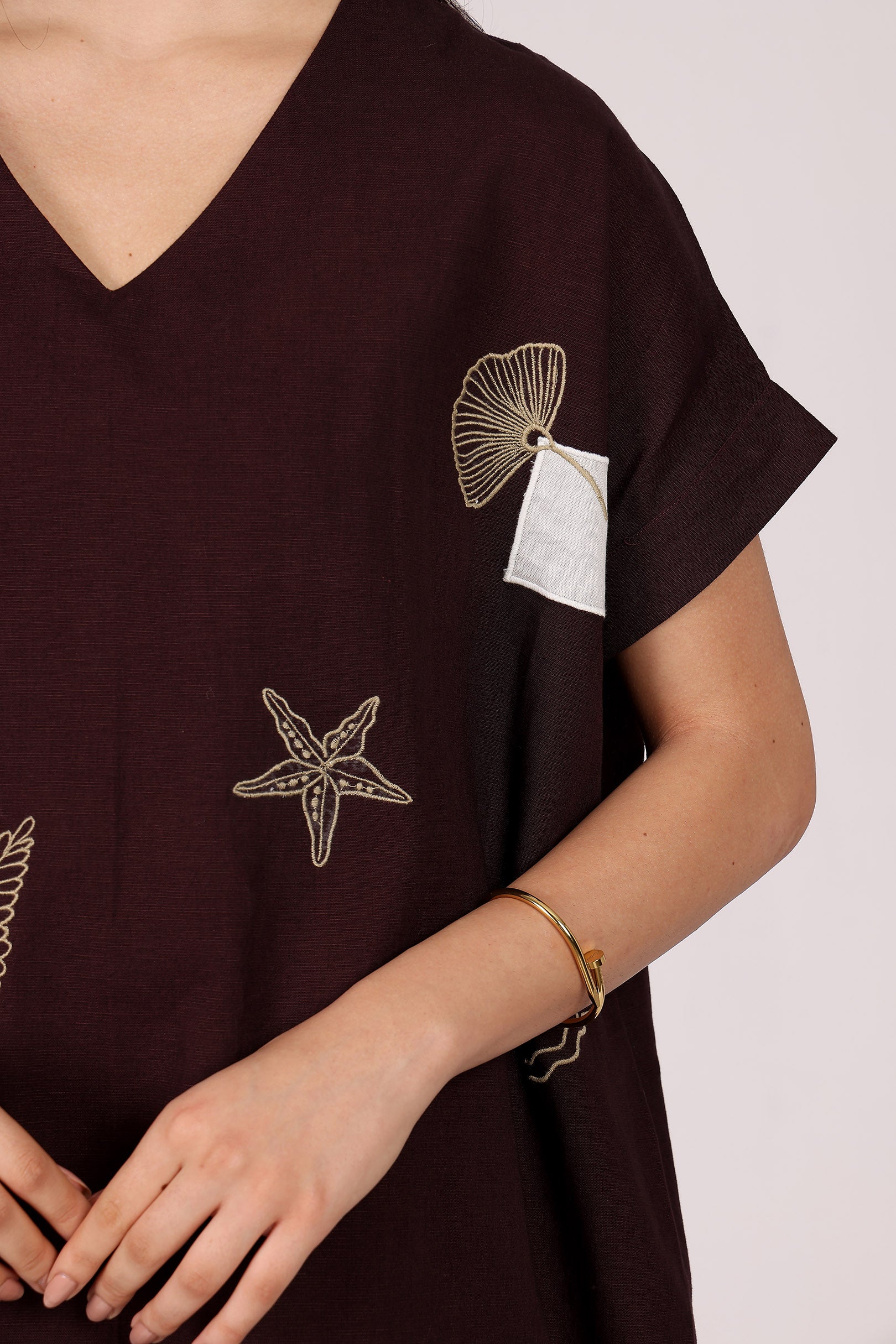 Mocha Brown V Neck Drop Shoulder Embroidered Top In Linen