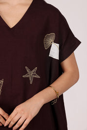 Mocha Brown V Neck Drop Shoulder Embroidered Top In Linen