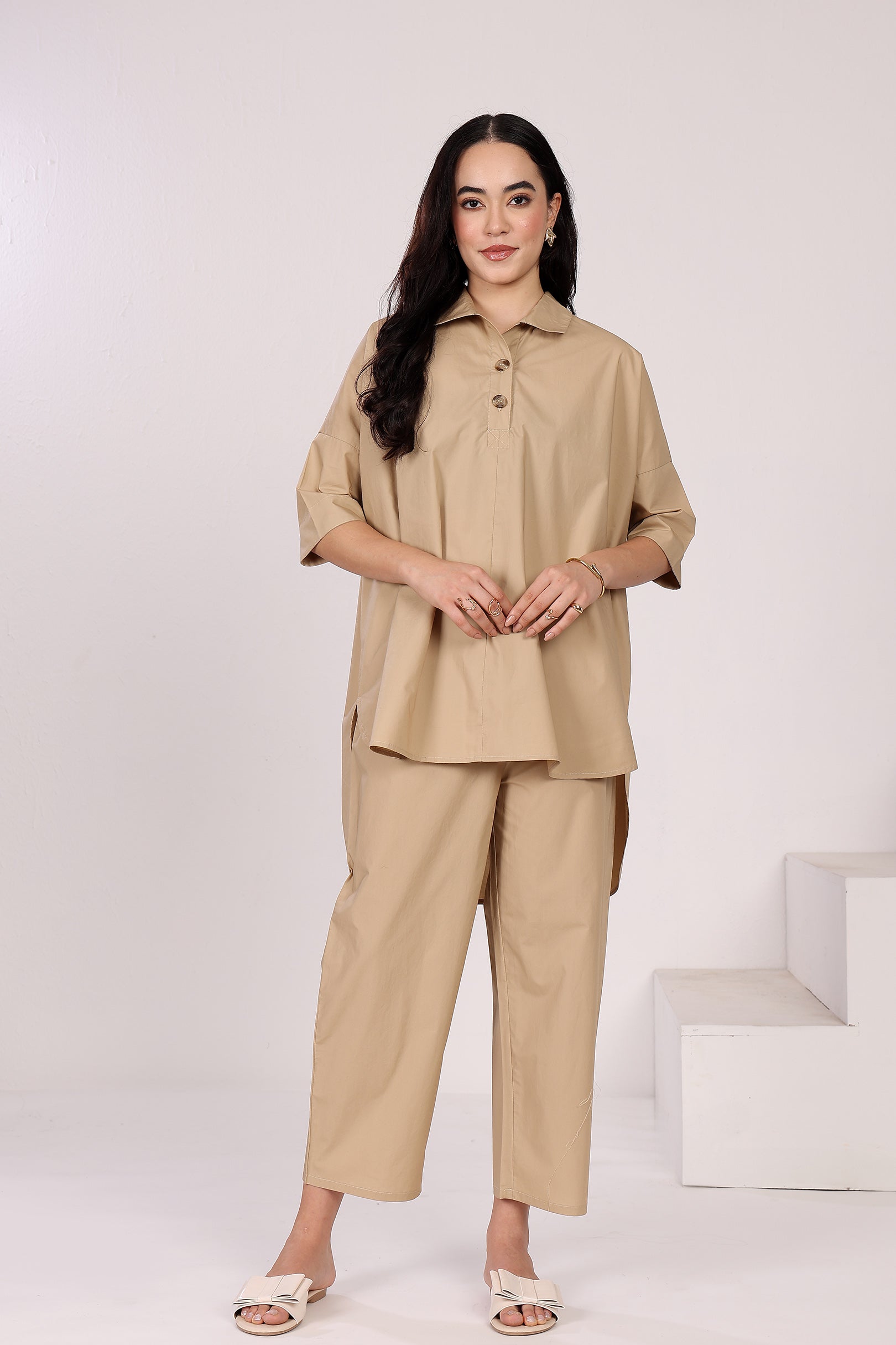 Cotton Poplin Straight Pants With Side Pockets