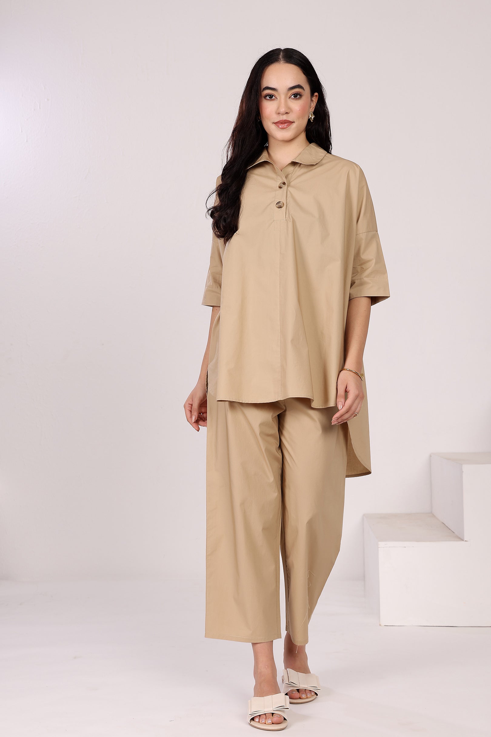 Cotton Poplin Straight Pants With Side Pockets