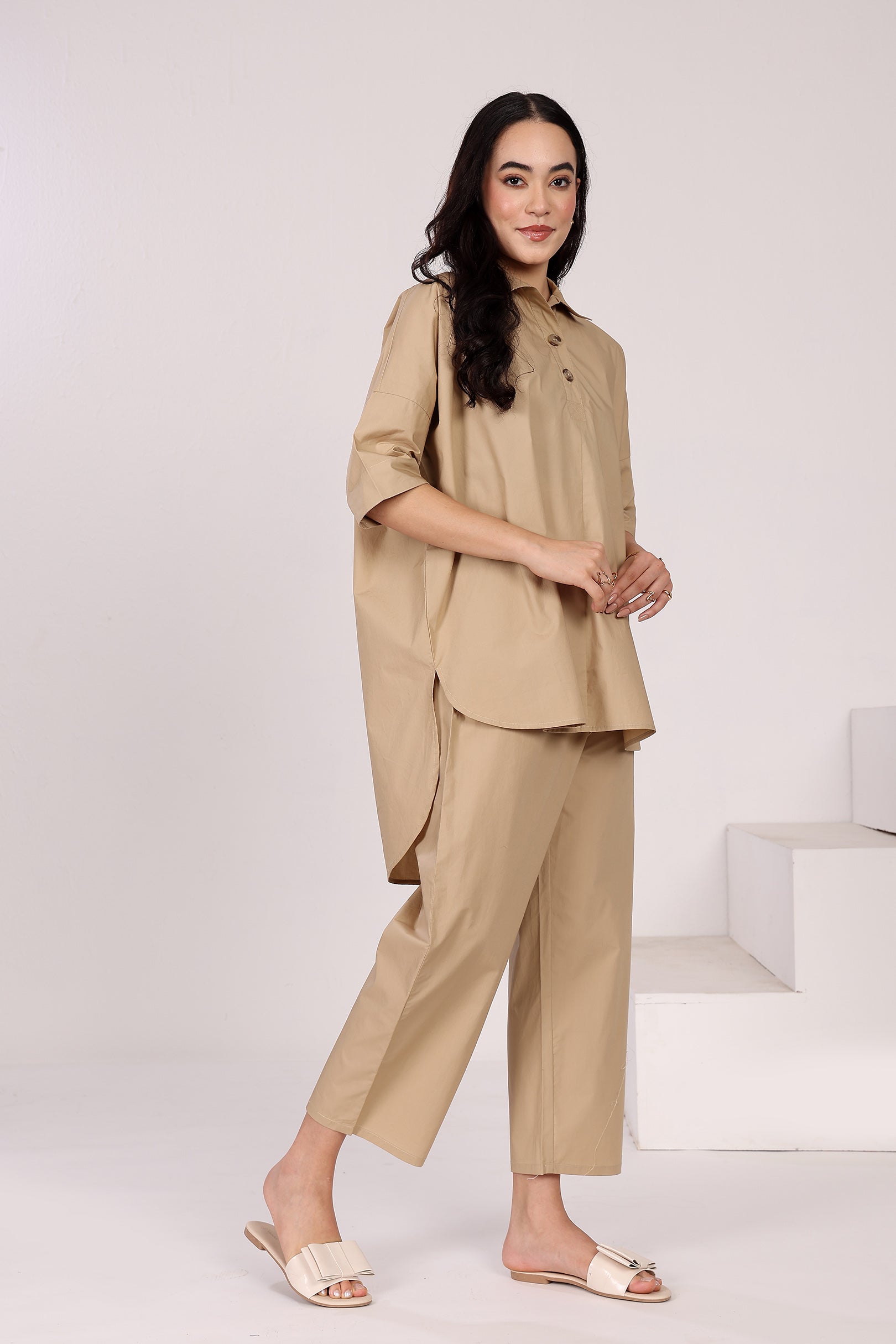 Cotton Poplin Straight Pants With Side Pockets