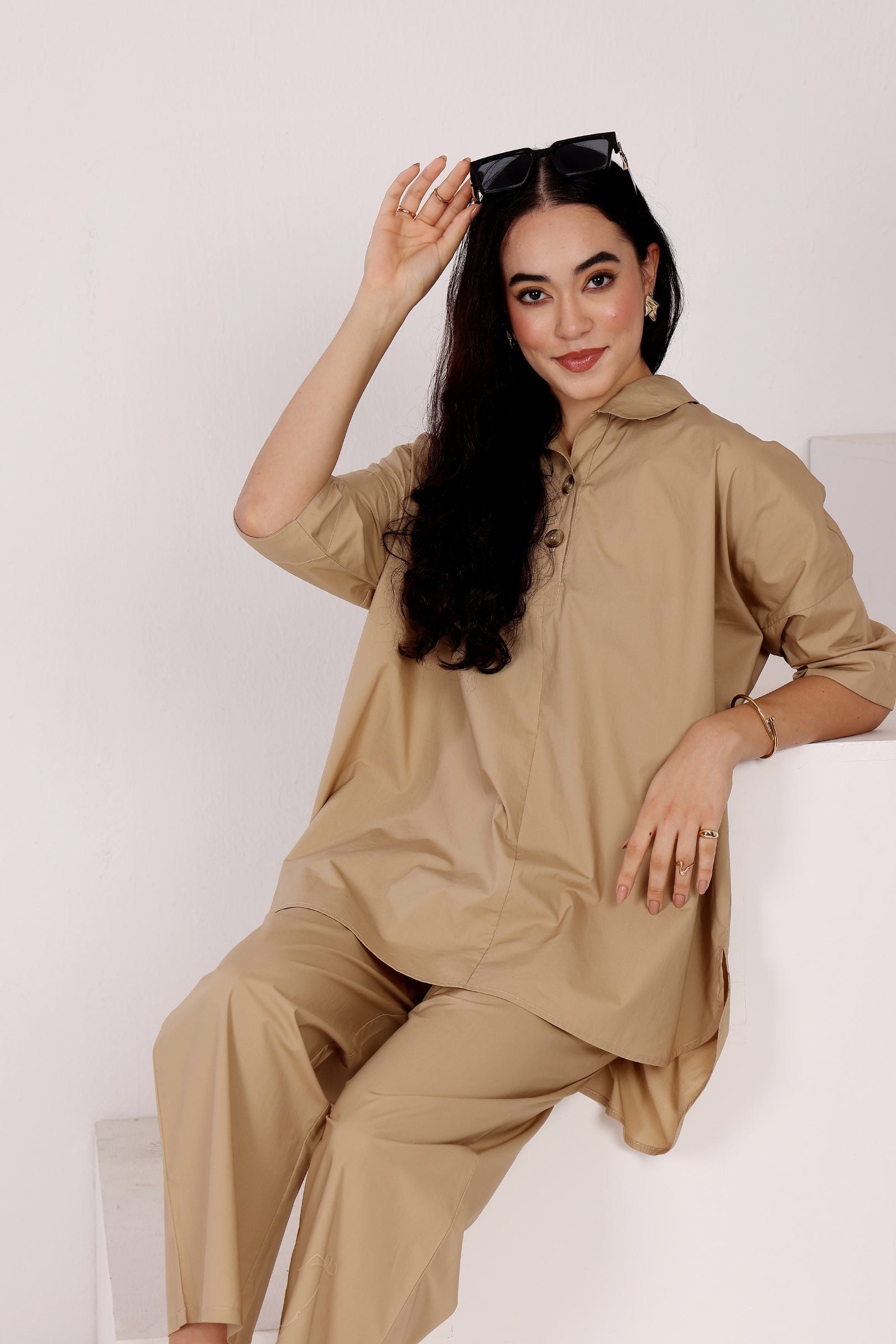 Oversized High-Low Cotton Poplin Shirt In Sand Colour