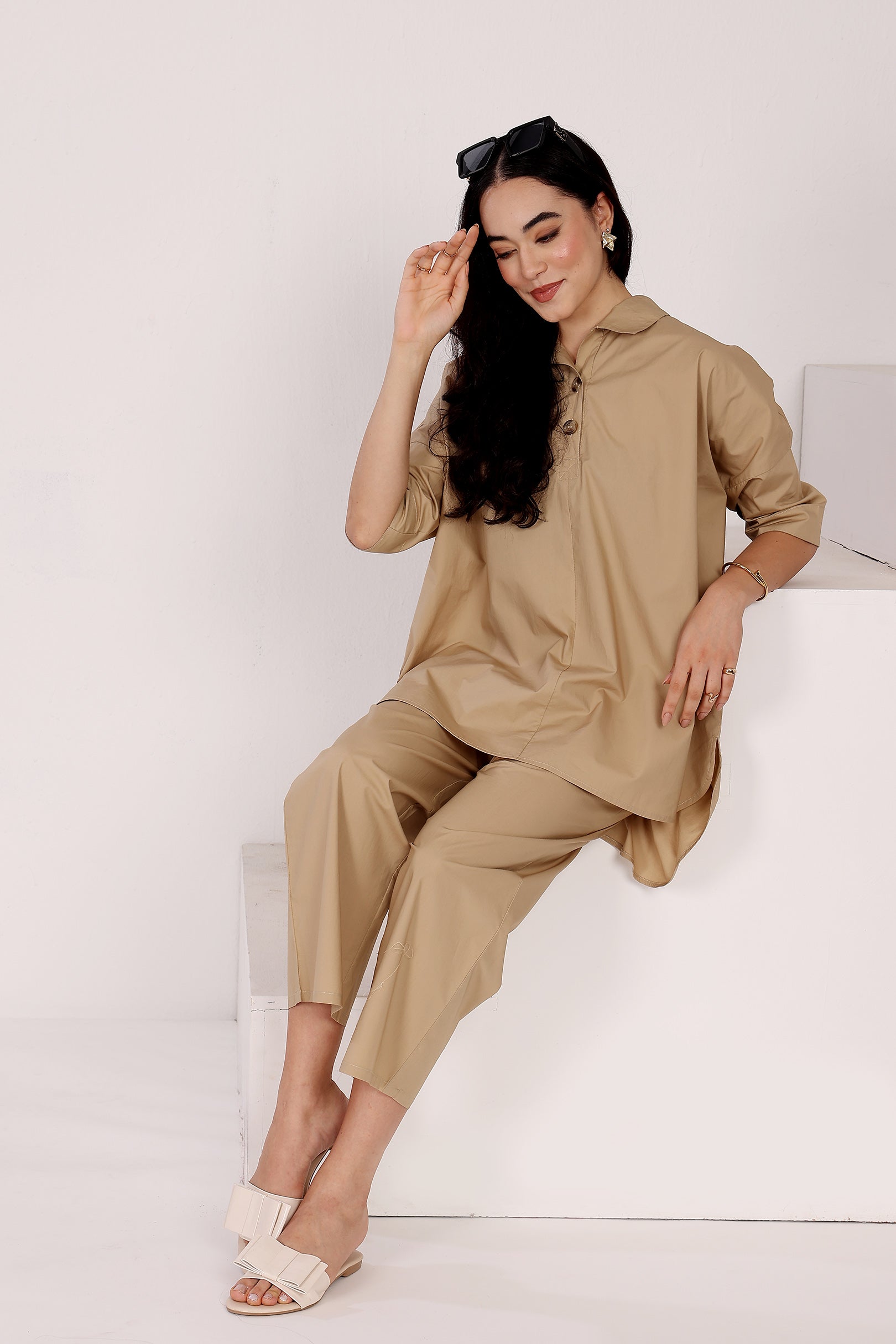 Oversized High-Low Cotton Shirt with Matching Straight Pants in Earthy Sand Colour