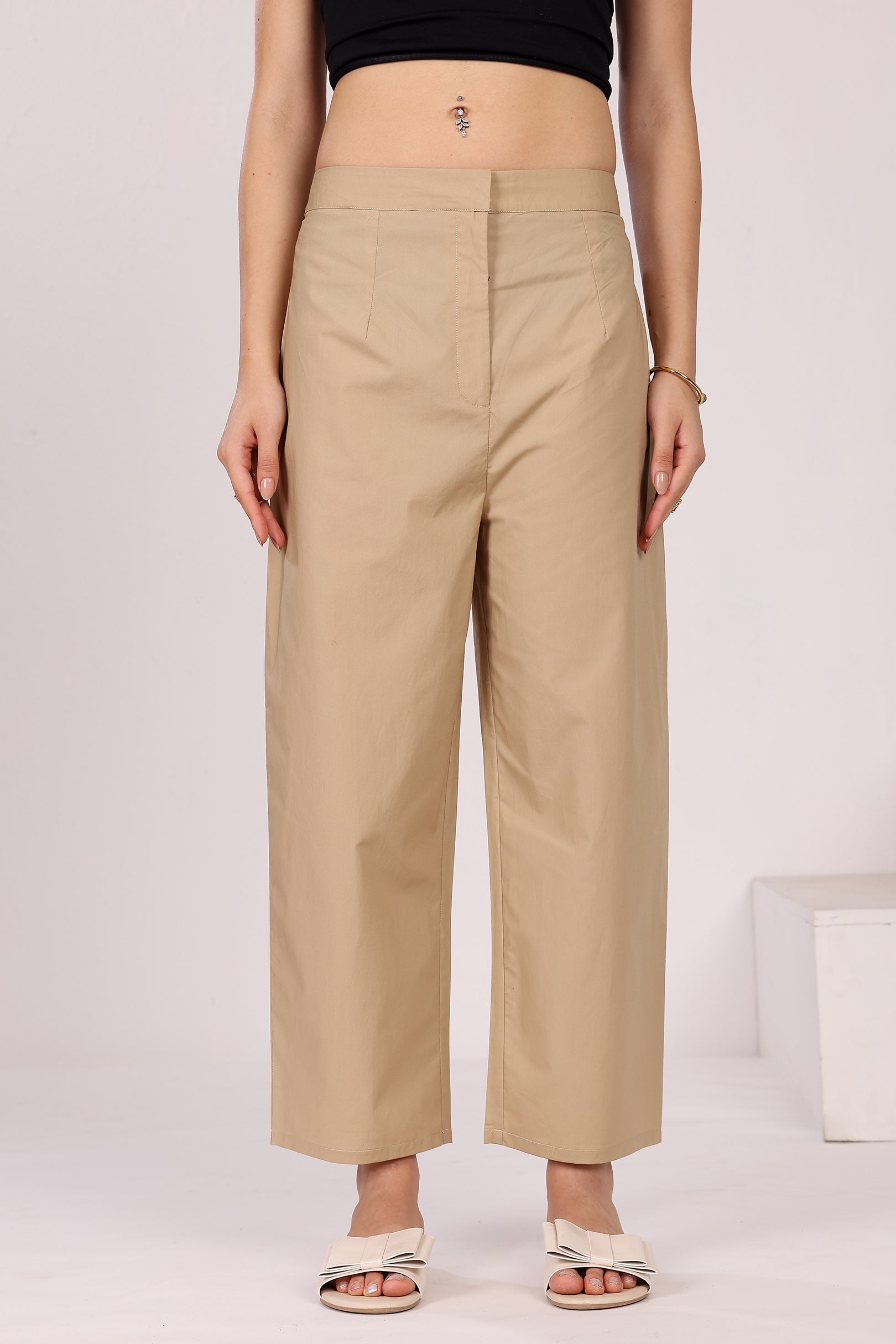 Cotton Poplin Straight Pants With Side Pockets