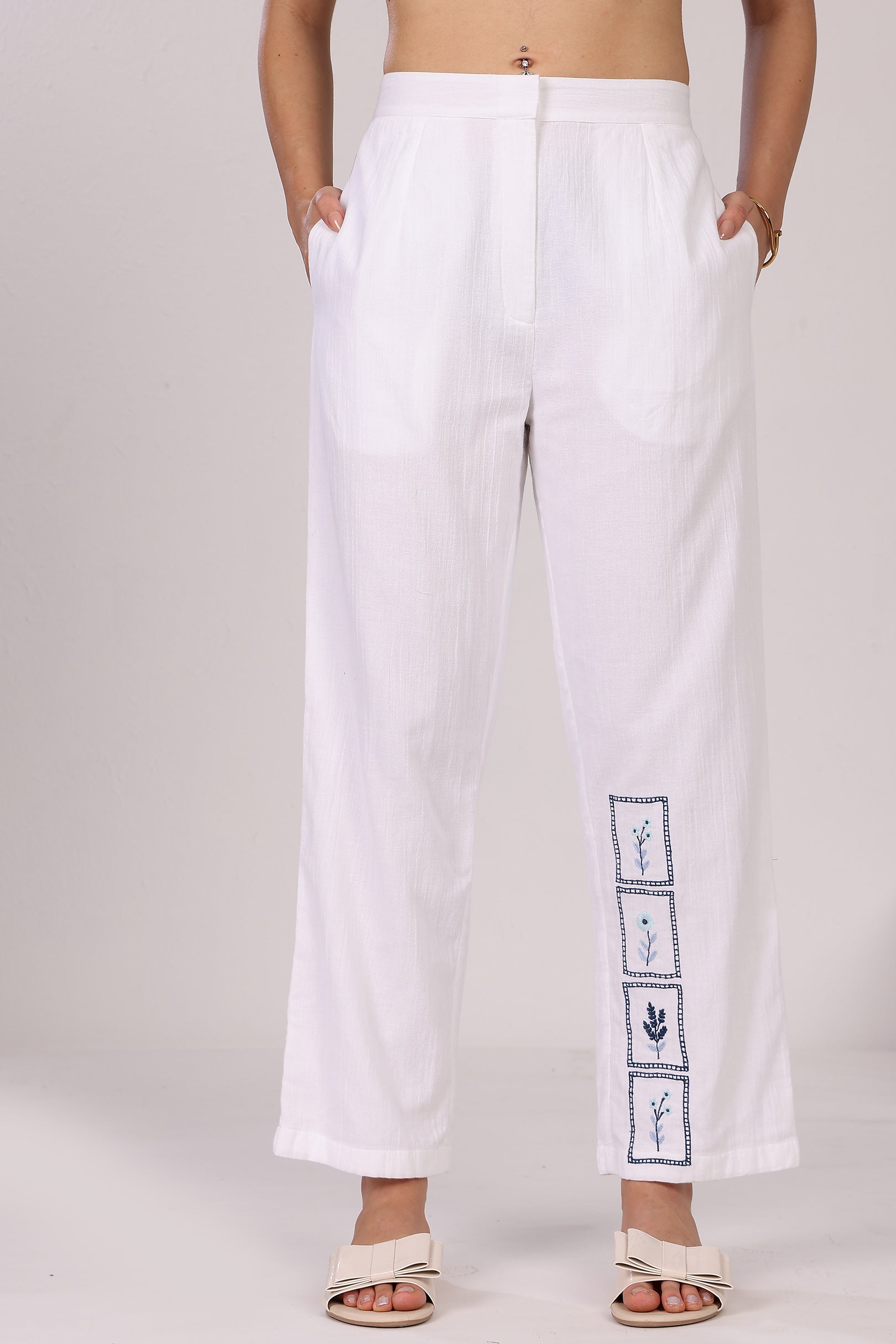 White Organic Cotton Pant With Floral Embroidery