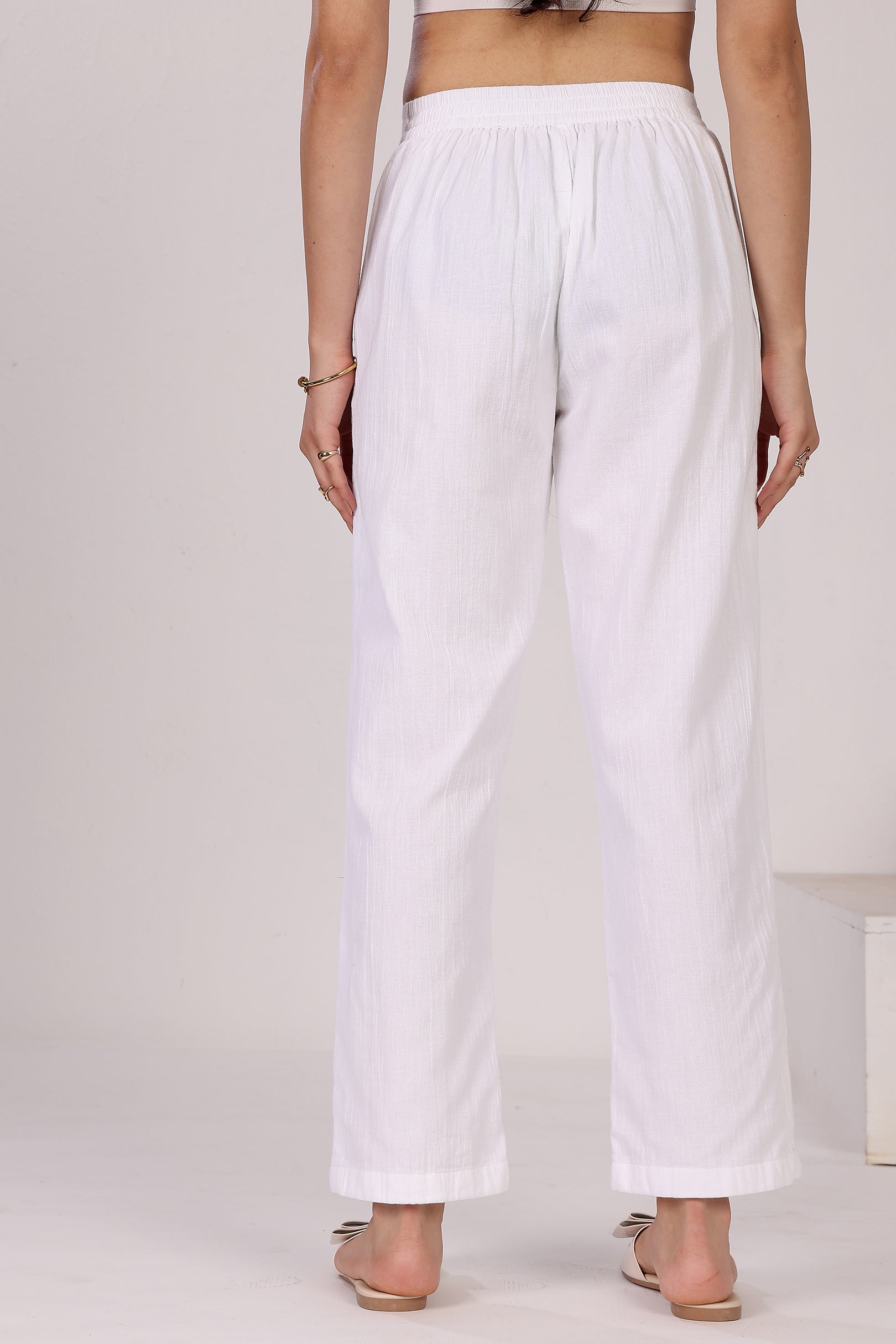 White Organic Cotton Pant With Floral Embroidery
