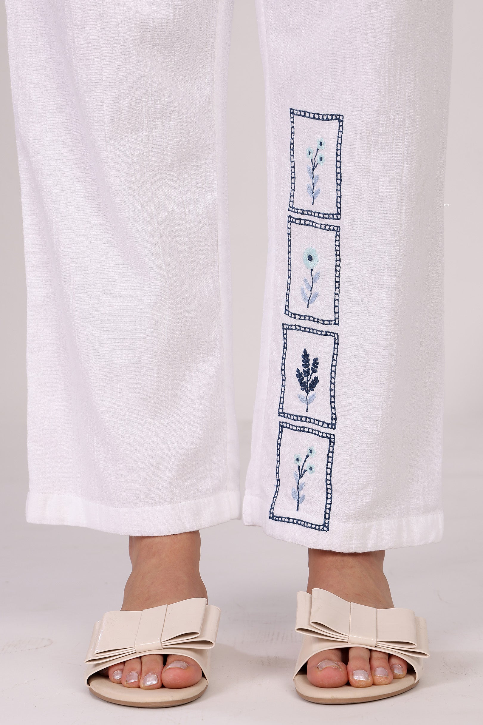White Organic Cotton Pant With Floral Embroidery