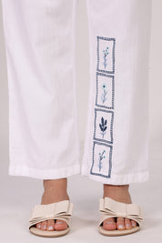 White Organic Cotton Pant With Floral Embroidery
