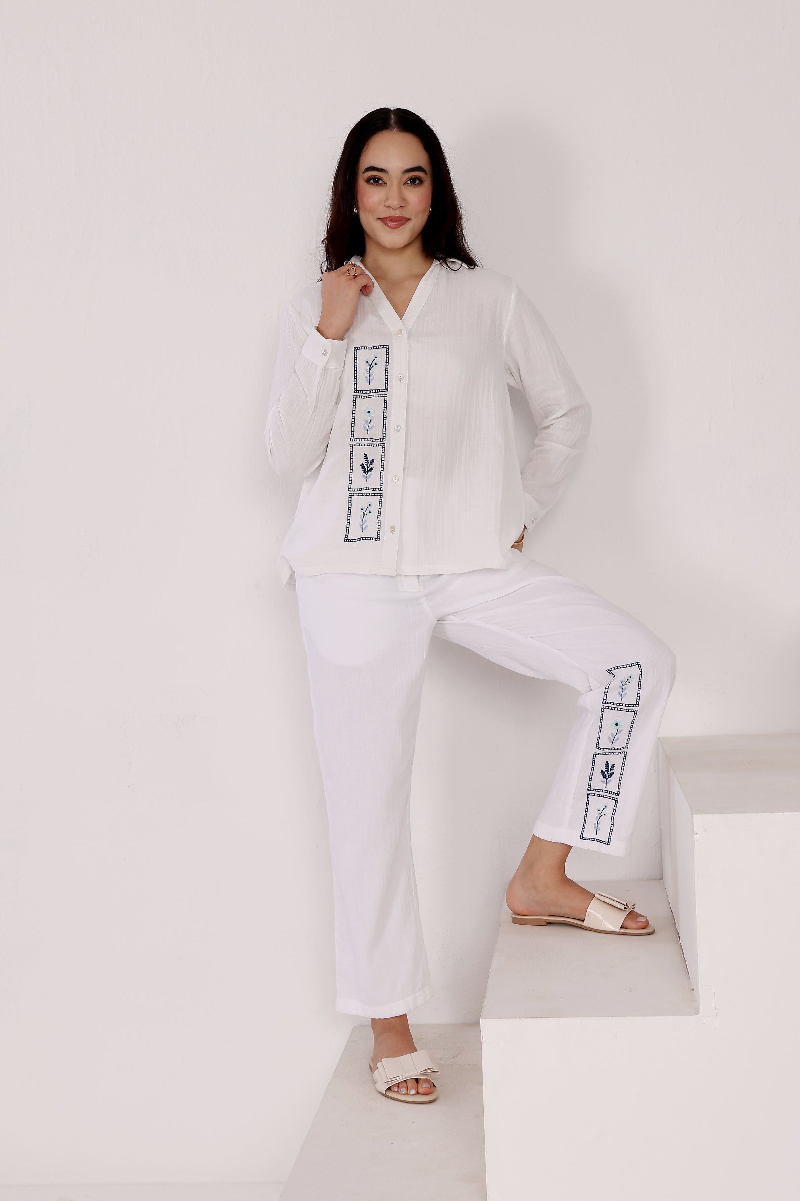 White Organic Cotton Button-down Shirt With Floral Embroidery