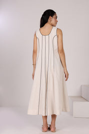 Off White Linen Panel Dress With Side Pockets