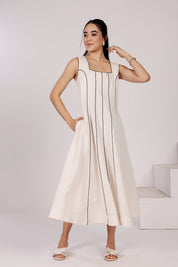 Off White Linen Panel Dress With Side Pockets