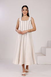 Off White Linen Panel Dress With Side Pockets