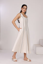 Off White Linen Panel Dress With Side Pockets