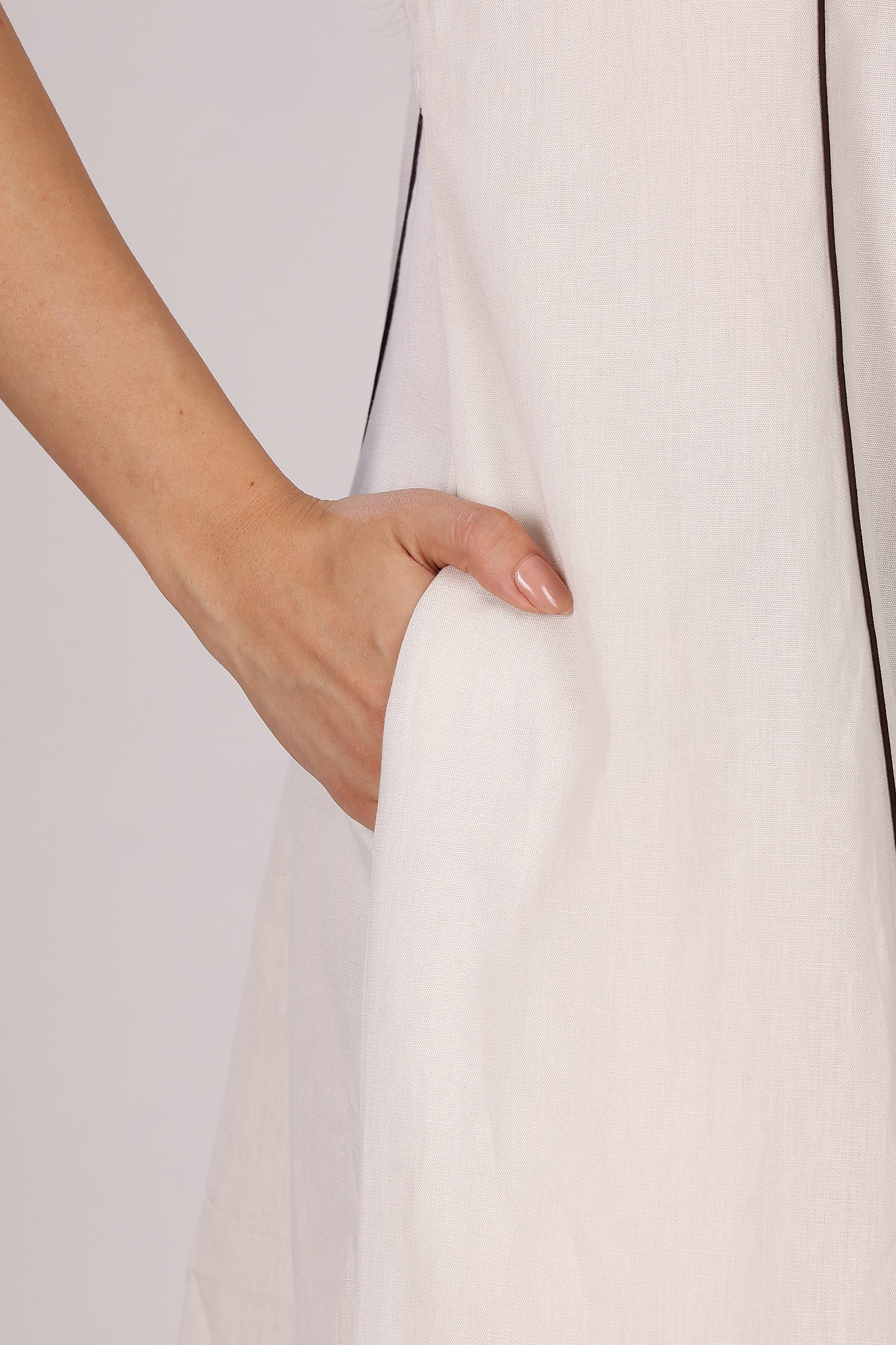 Off White Linen Panel Dress With Side Pockets