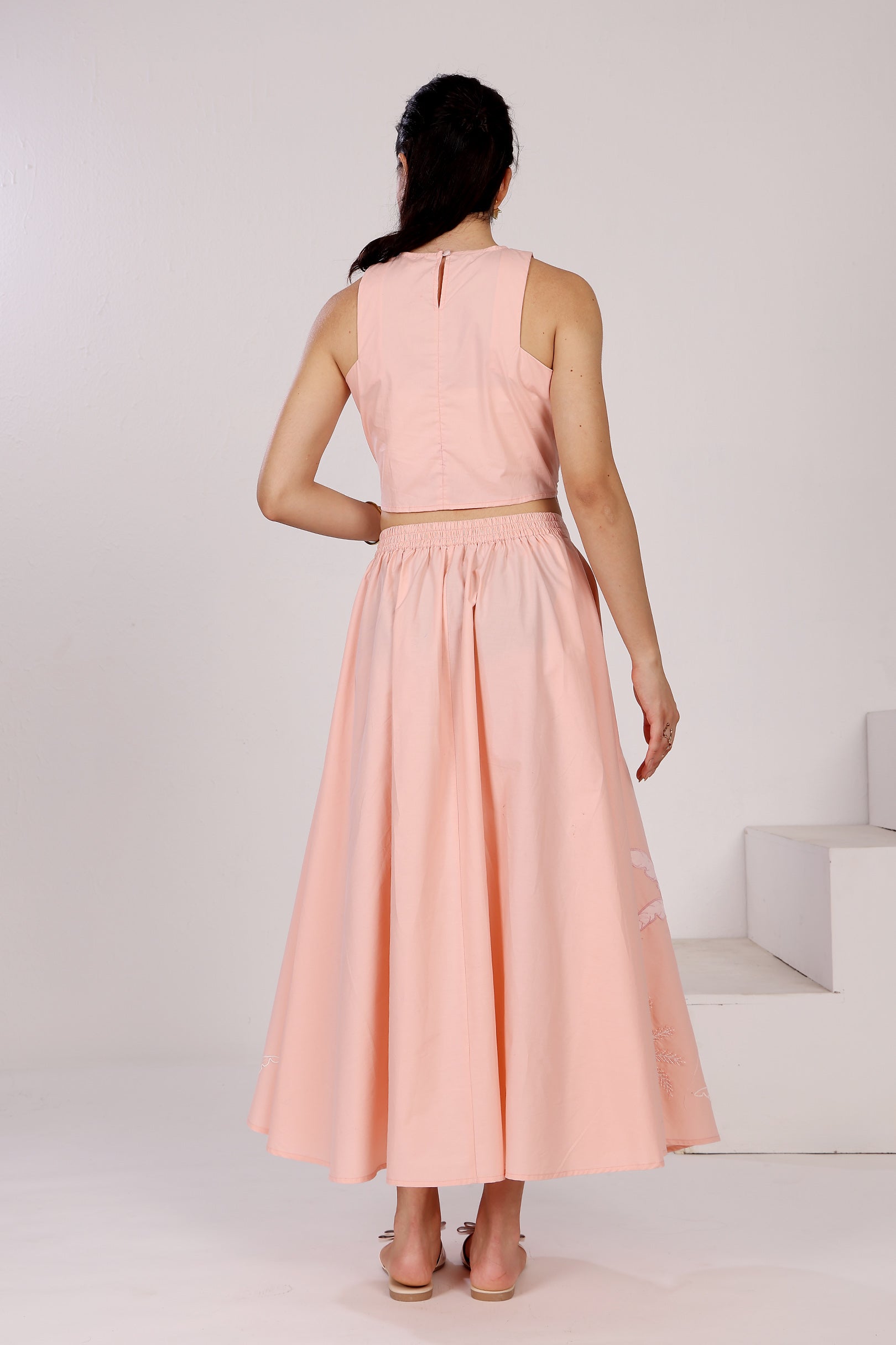 Pastel Pink Tank Top With Flounced Skirt Set In Cotton Poplin, With Applique Coastal Embroidery Motifs