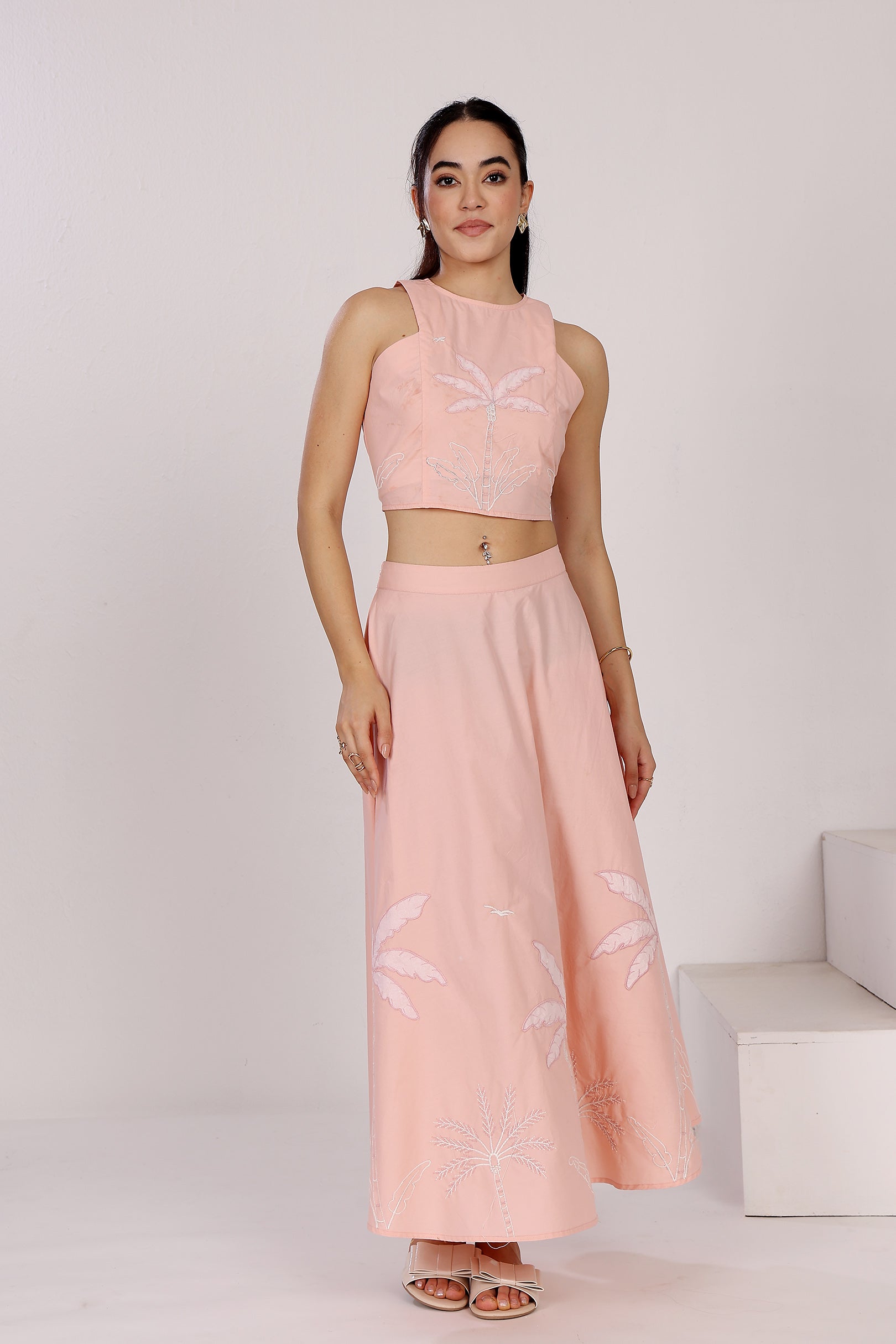 Pastel Pink Tank Top With Flounced Skirt Set In Cotton Poplin, With Applique Coastal Embroidery Motifs
