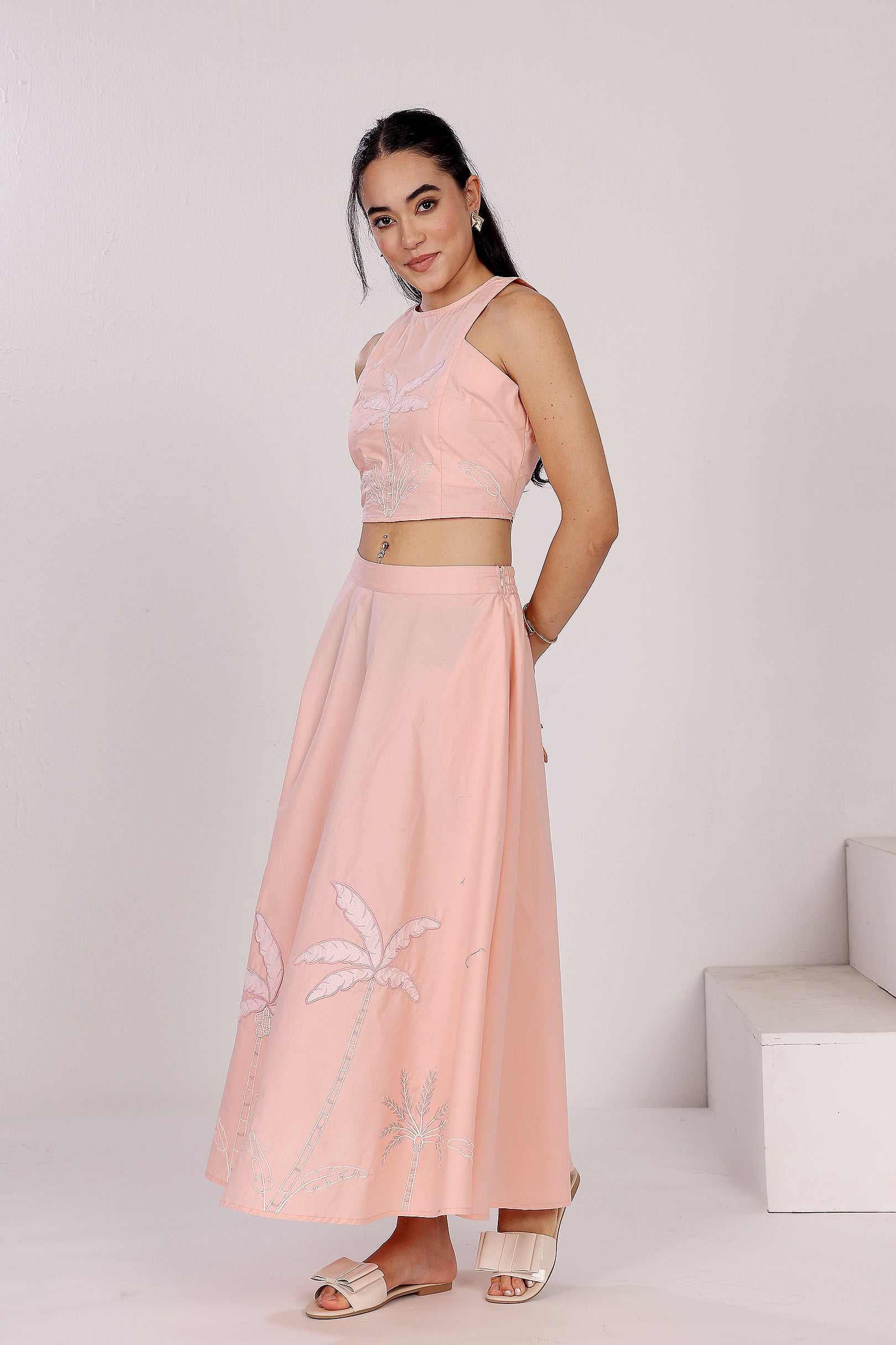 Pastel Pink Tank Top With Flounced Skirt Set In Cotton Poplin, With Applique Coastal Embroidery Motifs