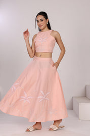 Pastel Pink Tank Top With Flounced Skirt Set In Cotton Poplin, With Applique Coastal Embroidery Motifs