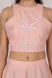 Pastel Pink Tank Top With Flounced Skirt Set In Cotton Poplin, With Applique Coastal Embroidery Motifs