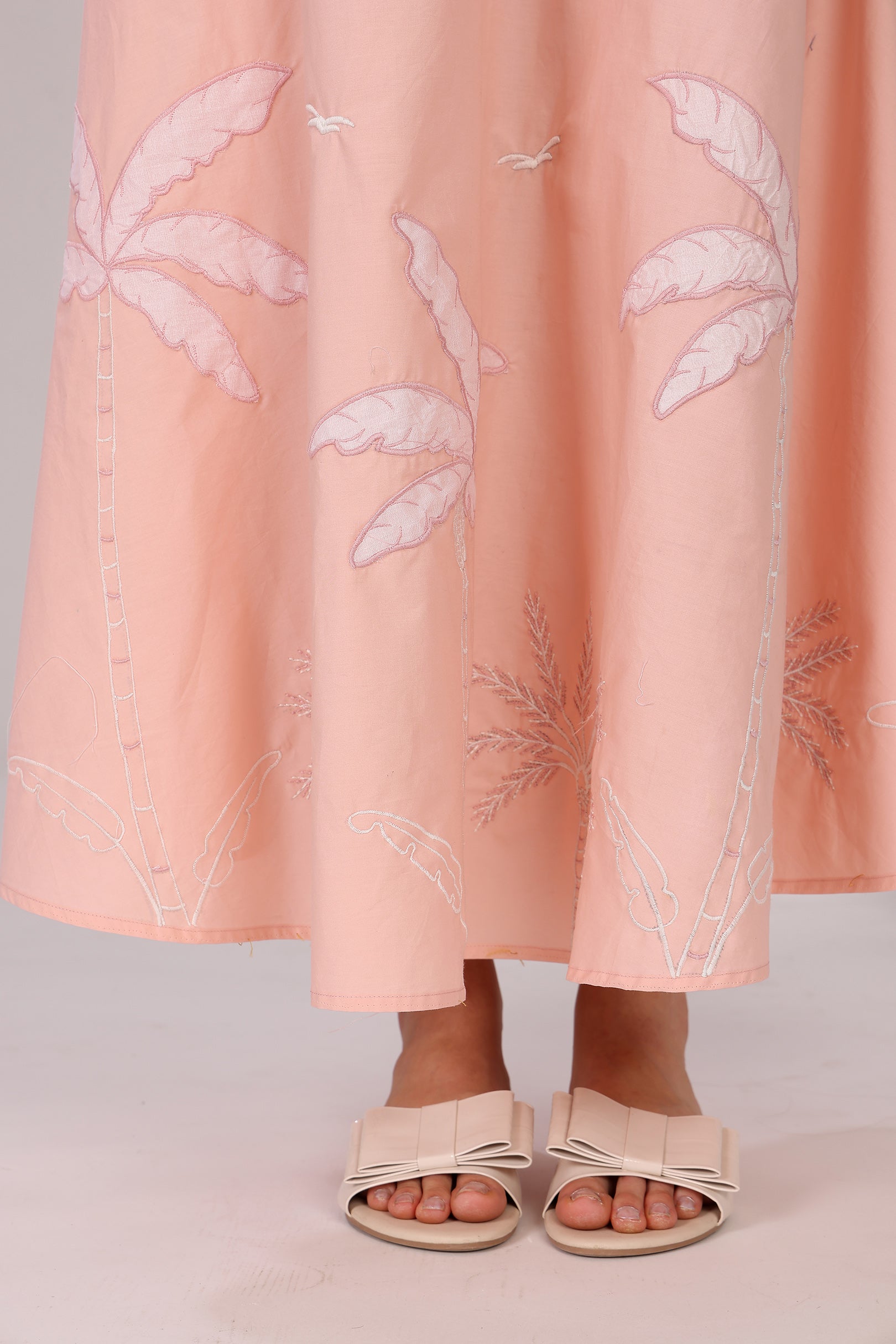 Pastel Pink Tank Top With Flounced Skirt Set In Cotton Poplin, With Applique Coastal Embroidery Motifs