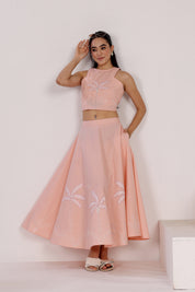 Pastel Pink Tank Top With Flounced Skirt Set In Cotton Poplin, With Applique Coastal Embroidery Motifs