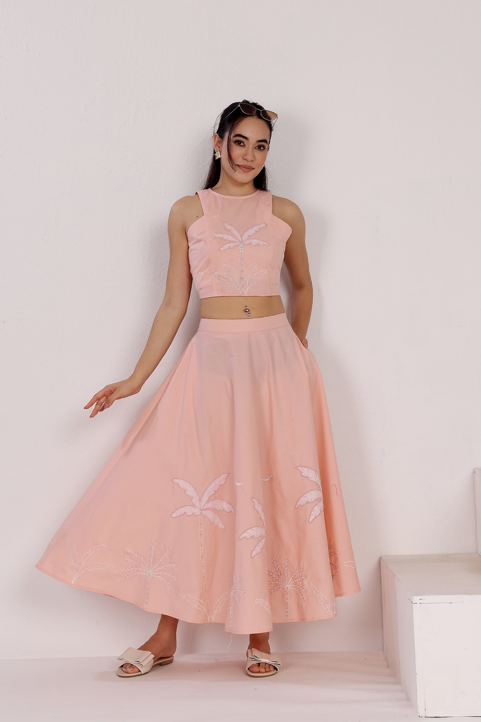 Pastel Pink Tank Top With Flounced Skirt Set In Cotton Poplin, With Applique Coastal Embroidery Motifs
