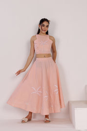 Pastel Pink Tank Top With Flounced Skirt Set In Cotton Poplin, With Applique Coastal Embroidery Motifs