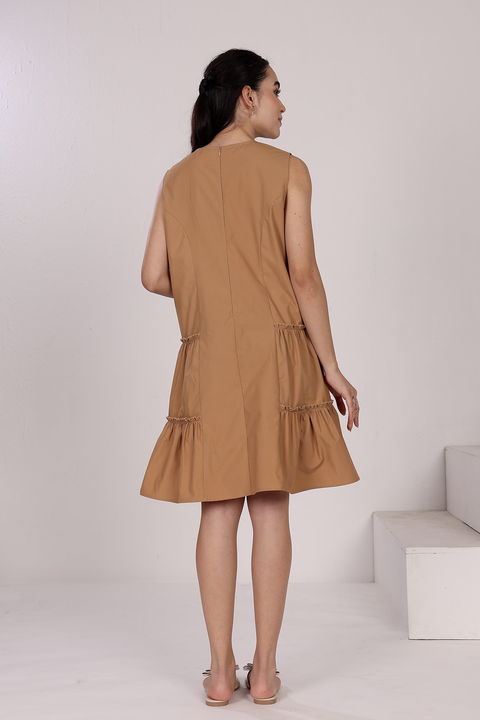 Tan Sleeveless Cotton Short Dress with Side Ruffles