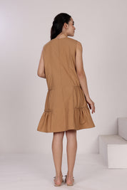 Tan Sleeveless Cotton Short Dress with Side Ruffles