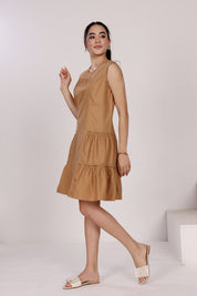 Tan Sleeveless Cotton Short Dress with Side Ruffles