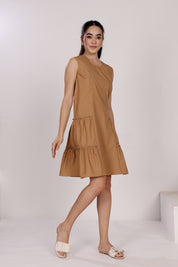 Tan Sleeveless Cotton Short Dress with Side Ruffles