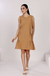 Tan Sleeveless Cotton Short Dress with Side Ruffles