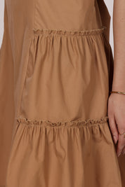 Tan Sleeveless Cotton Short Dress with Side Ruffles