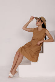 Tan Sleeveless Cotton Short Dress with Side Ruffles