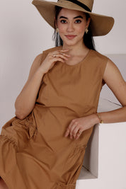 Tan Sleeveless Cotton Short Dress with Side Ruffles