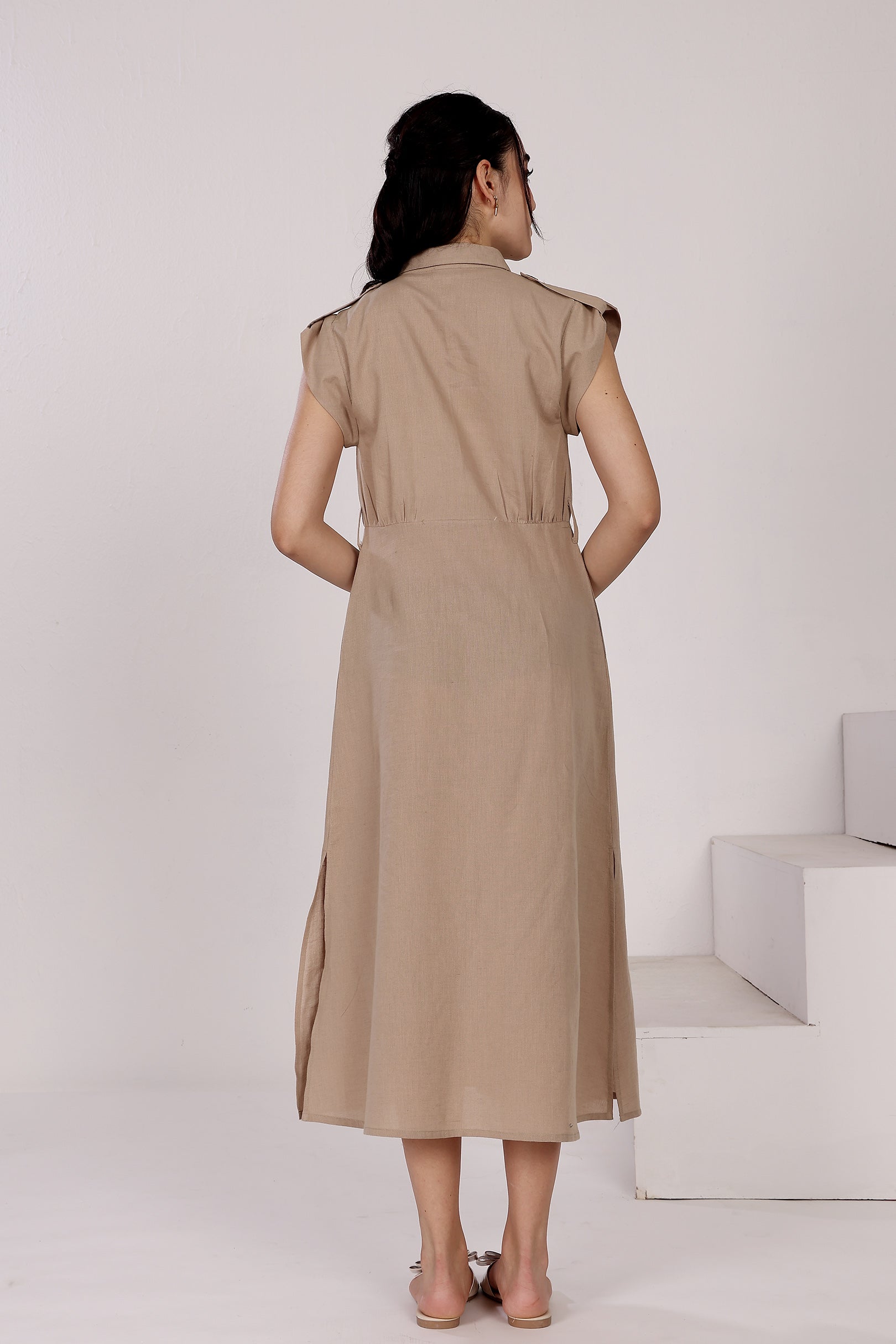 Linen Button-Down Mid-Length Dress with Side Slits, Belt And Pockets At Seam
