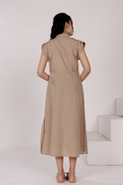 Linen Button-Down Mid-Length Dress with Side Slits, Belt And Pockets At Seam