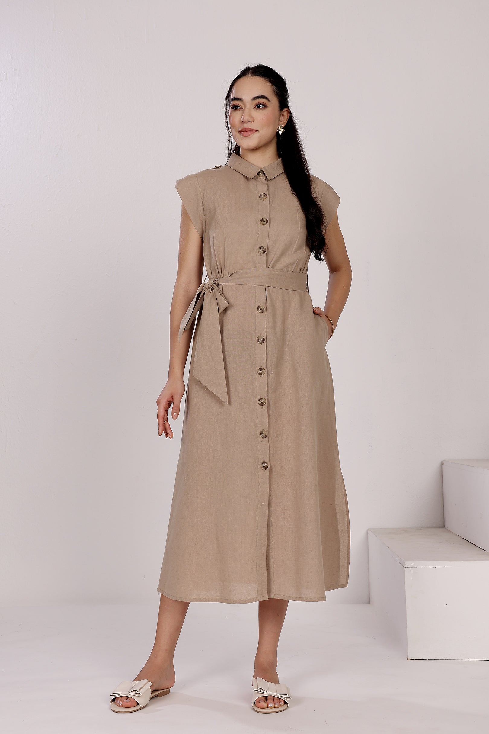 Linen Button-Down Mid-Length Dress with Side Slits, Belt And Pockets At Seam