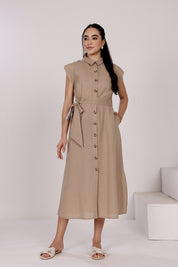 Linen Button-Down Mid-Length Dress with Side Slits, Belt And Pockets At Seam