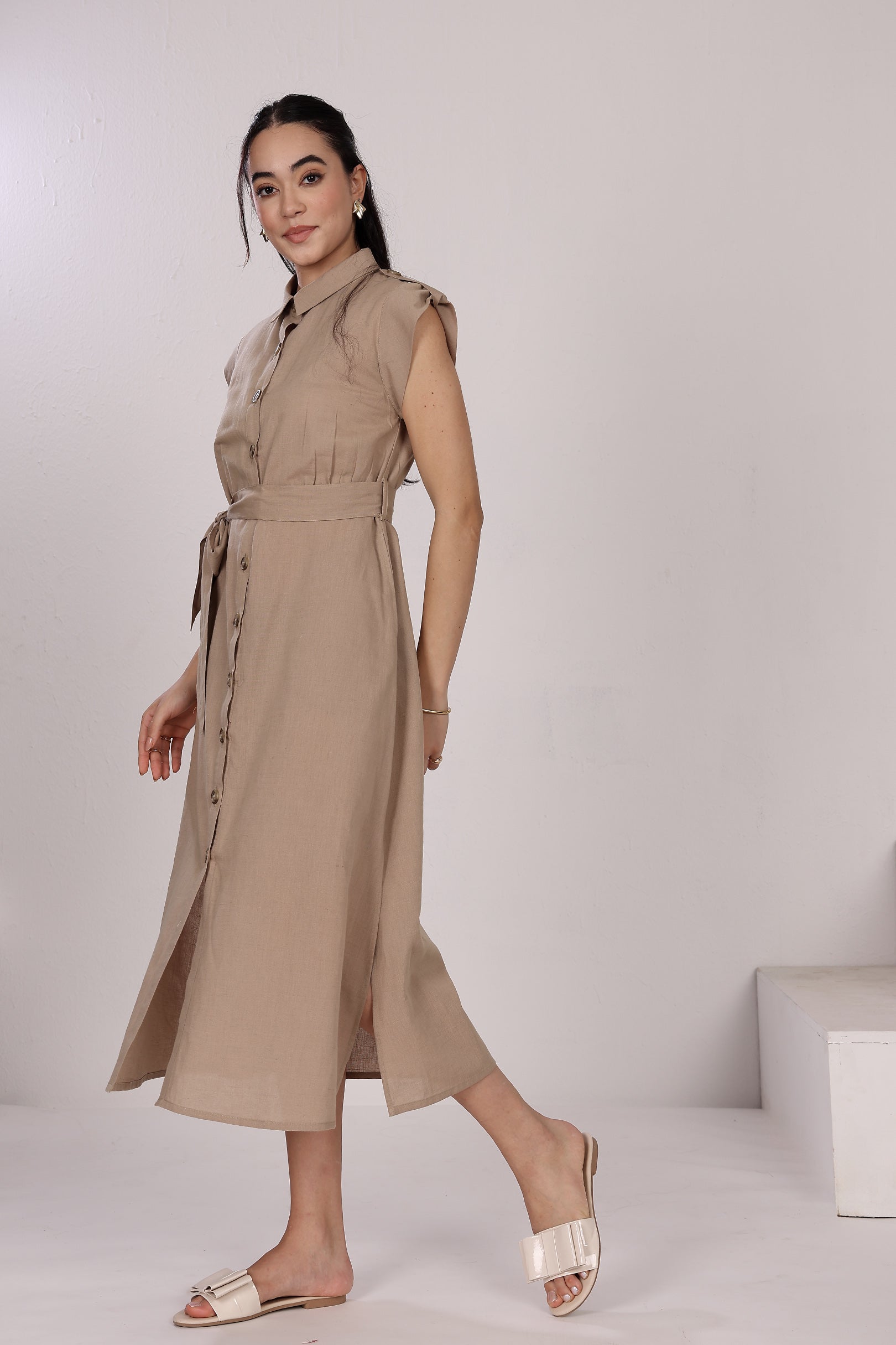 Linen Button-Down Mid-Length Dress with Side Slits, Belt And Pockets At Seam