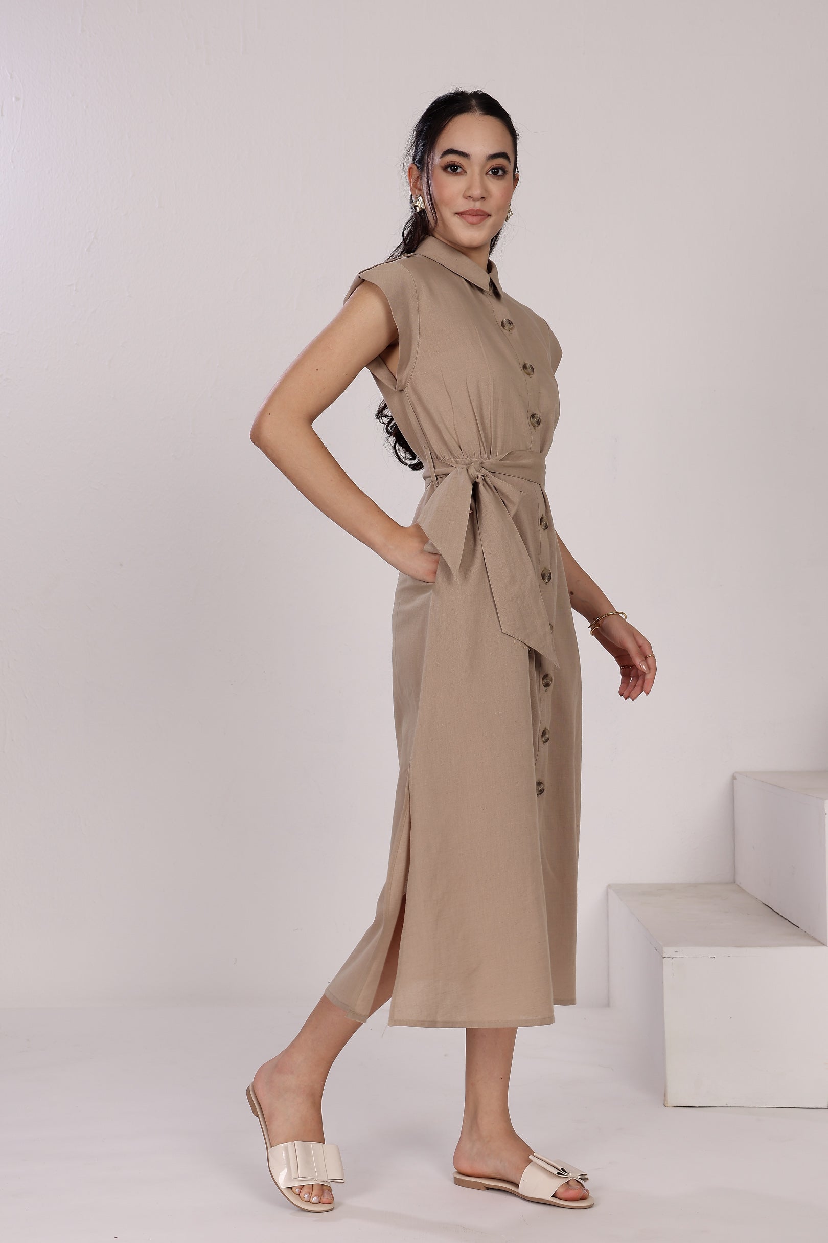 Linen Button-Down Mid-Length Dress with Side Slits, Belt And Pockets At Seam