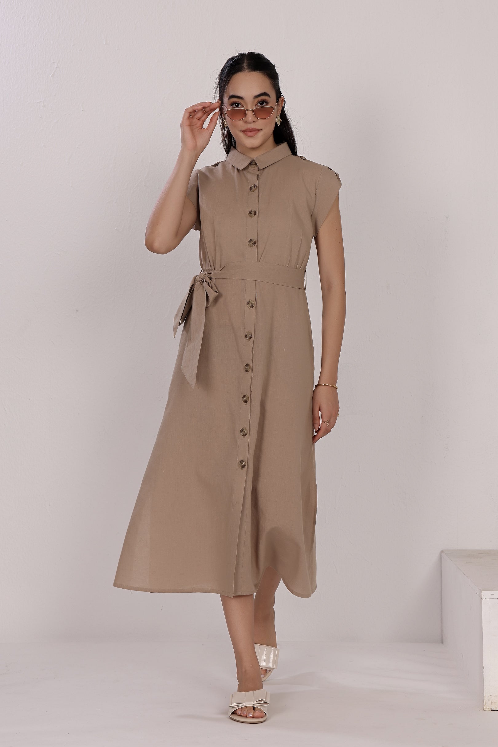 Linen Button-Down Mid-Length Dress with Side Slits, Belt And Pockets At Seam