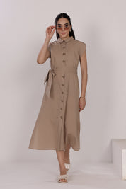 Linen Button-Down Mid-Length Dress with Side Slits, Belt And Pockets At Seam