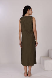 Olive Green Sleeveless Cotton Front Slit Dress With Loop Detailing