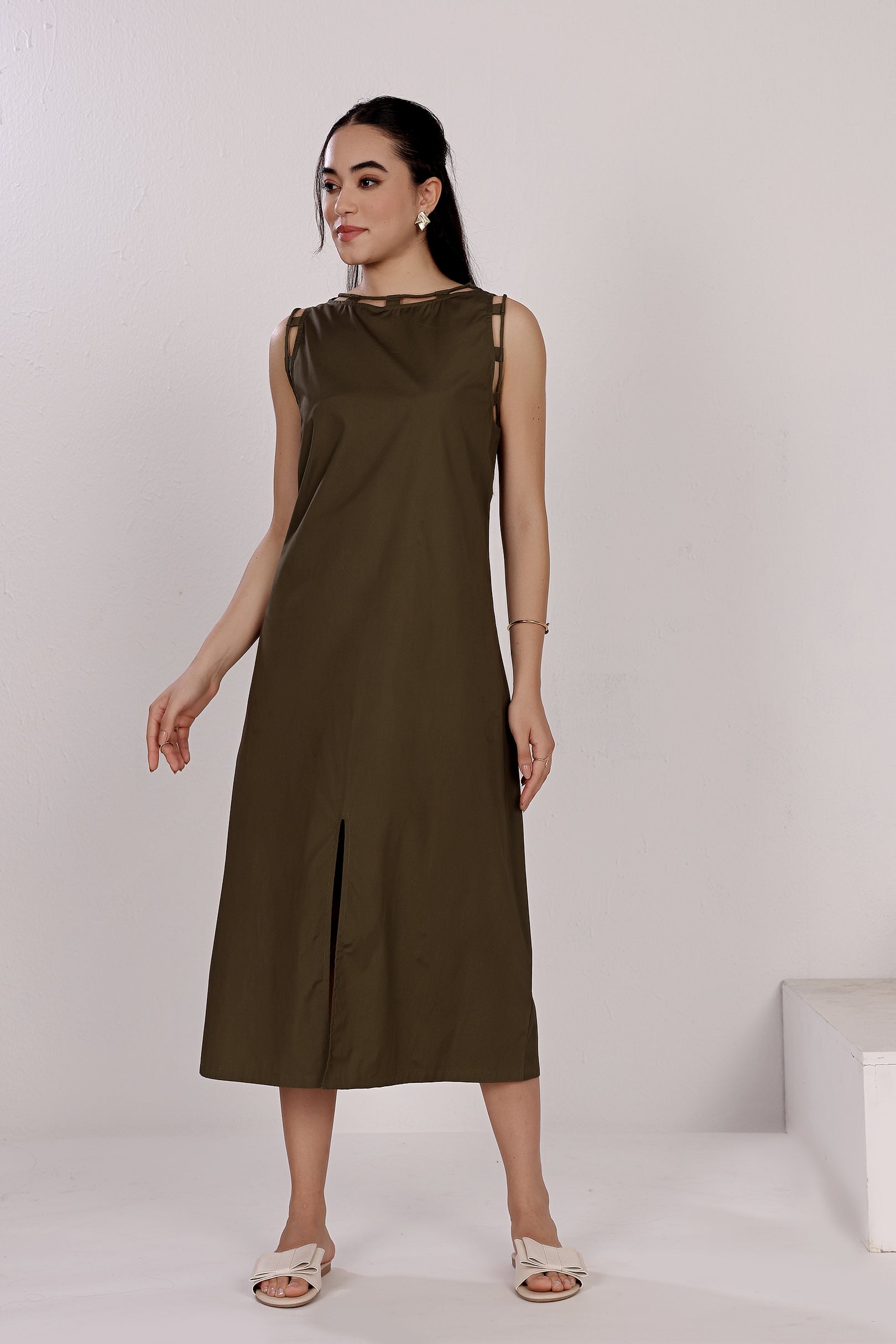 Olive Green Sleeveless Cotton Front Slit Dress With Loop Detailing