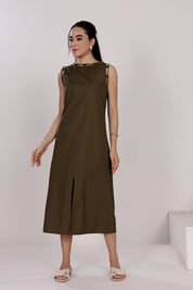 Olive Green Sleeveless Cotton Front Slit Dress With Loop Detailing