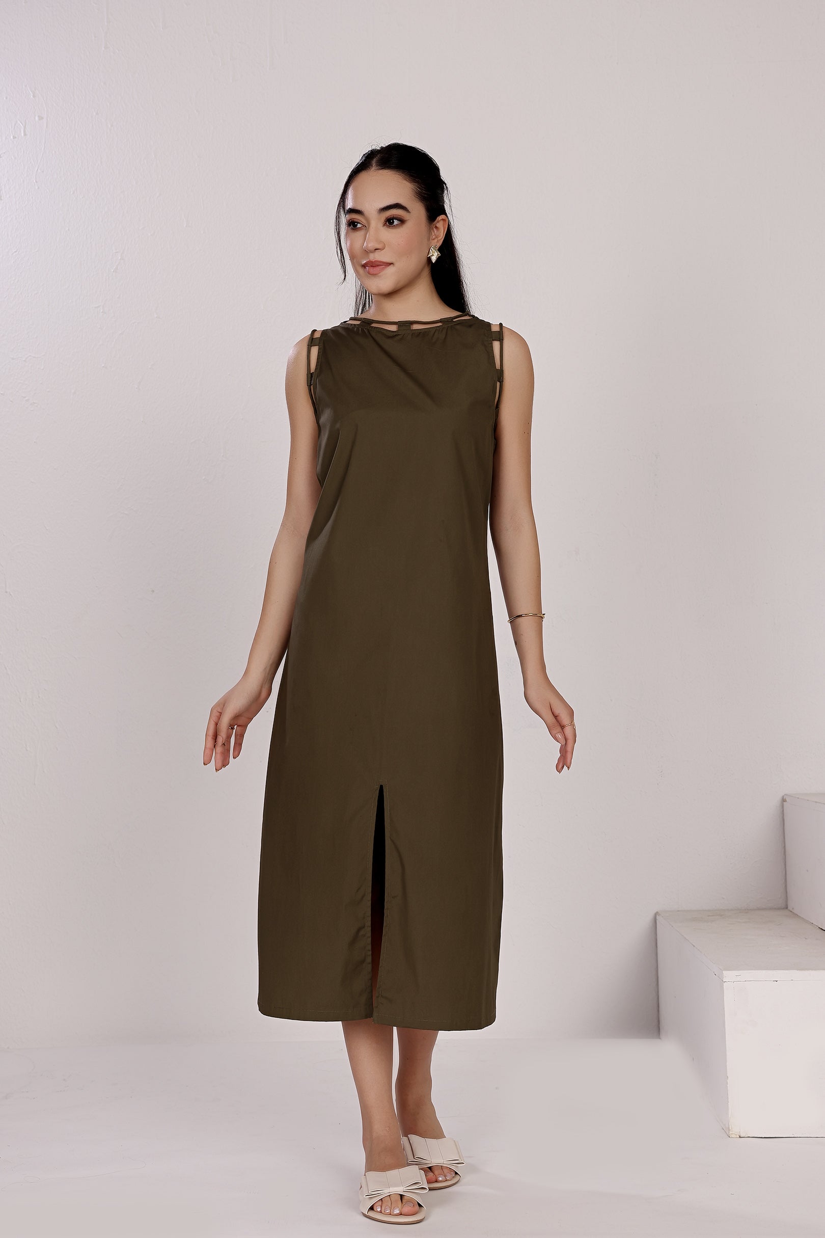 Olive Green Sleeveless Cotton Front Slit Dress With Loop Detailing