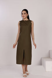 Olive Green Sleeveless Cotton Front Slit Dress With Loop Detailing