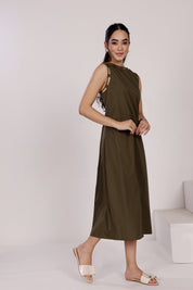 Olive Green Sleeveless Cotton Front Slit Dress With Loop Detailing