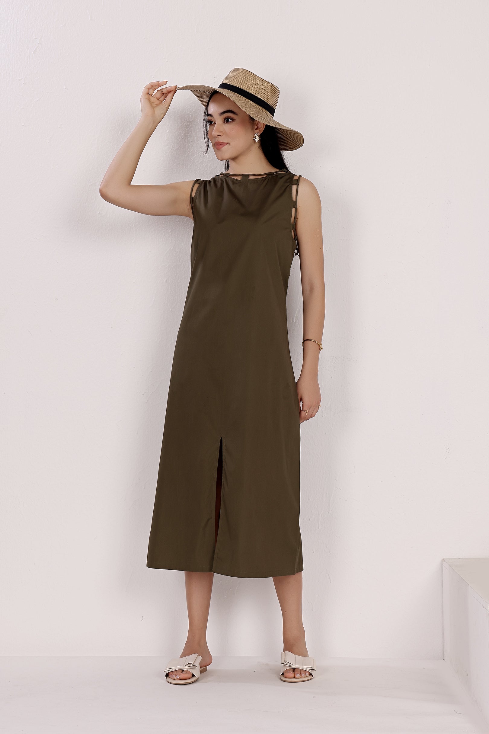 Olive Green Sleeveless Cotton Front Slit Dress With Loop Detailing